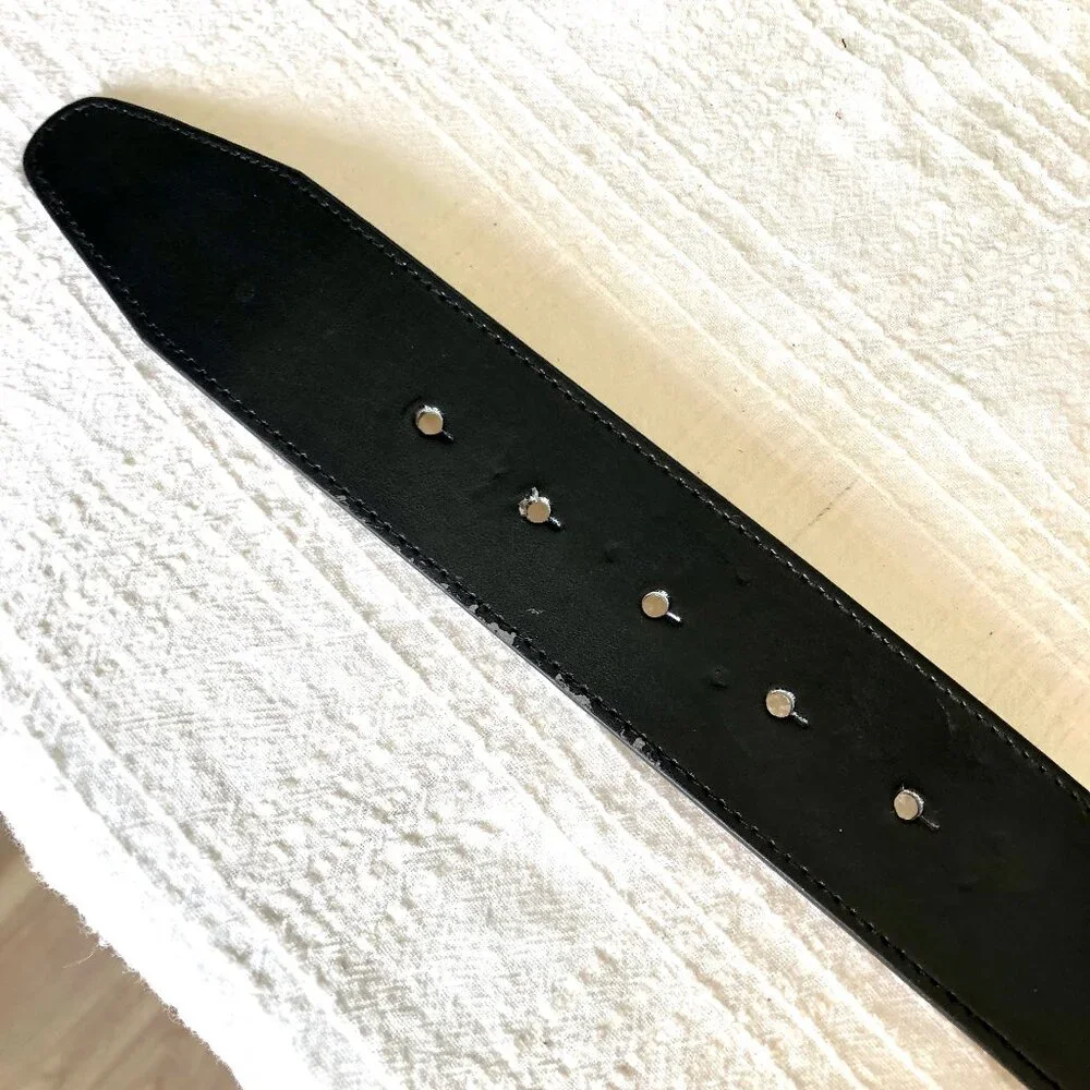 Black Faux Leather (Vegan) Belt with Large Rhinestone Rose Buckle, Size Small